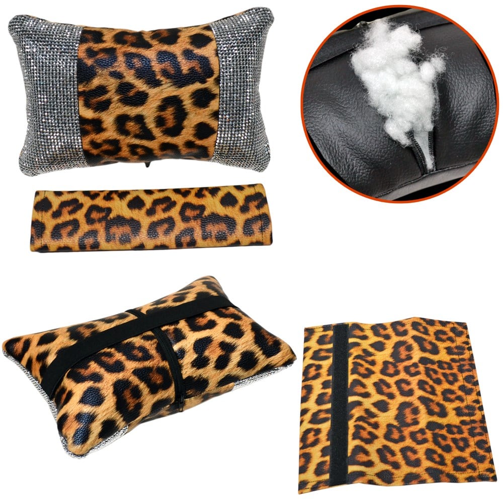 NYF Fox Boyun Yastığı ve Kemer Yastığı Seti Pırlanta Taşlı Leopar Sarı