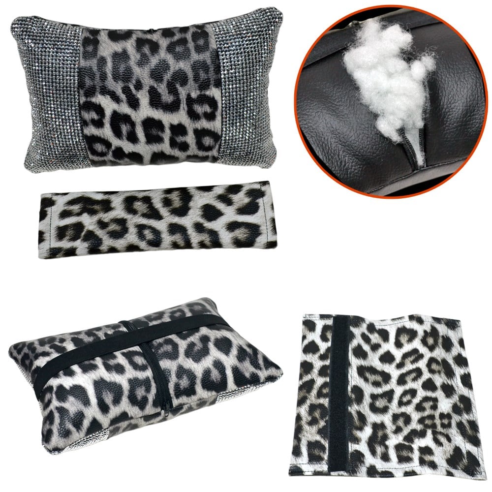 NYF Fox Boyun Yastığı ve Kemer Yastığı Seti Pırlanta Taşlı Leopar Beyaz