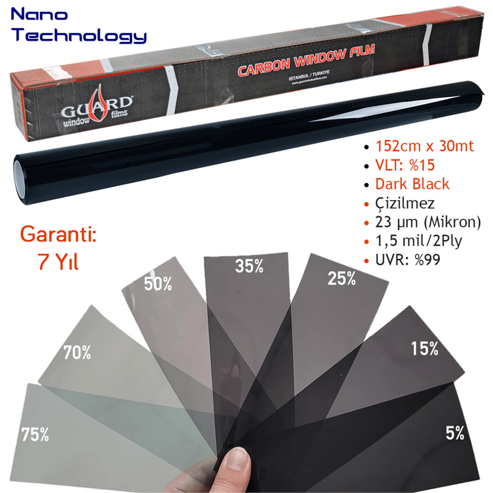 Guard Carbon Cam Filmi VLT %15 Dark Black 152 cm x 30 Mt (Nano Teknoloji)