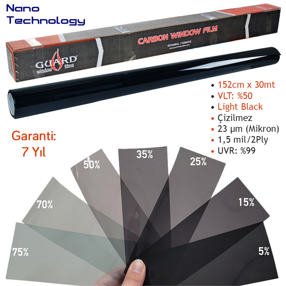 Guard Carbon Cam Filmi VLT %50 Light Black 152 cm x 30 Mt (Nano Teknoloji)