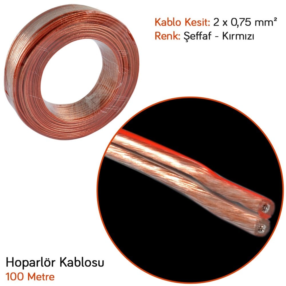KGN Hoparlör Kablo 2x0,75 100 mt Bitişik Şeffaf-Kırmızı 1203011