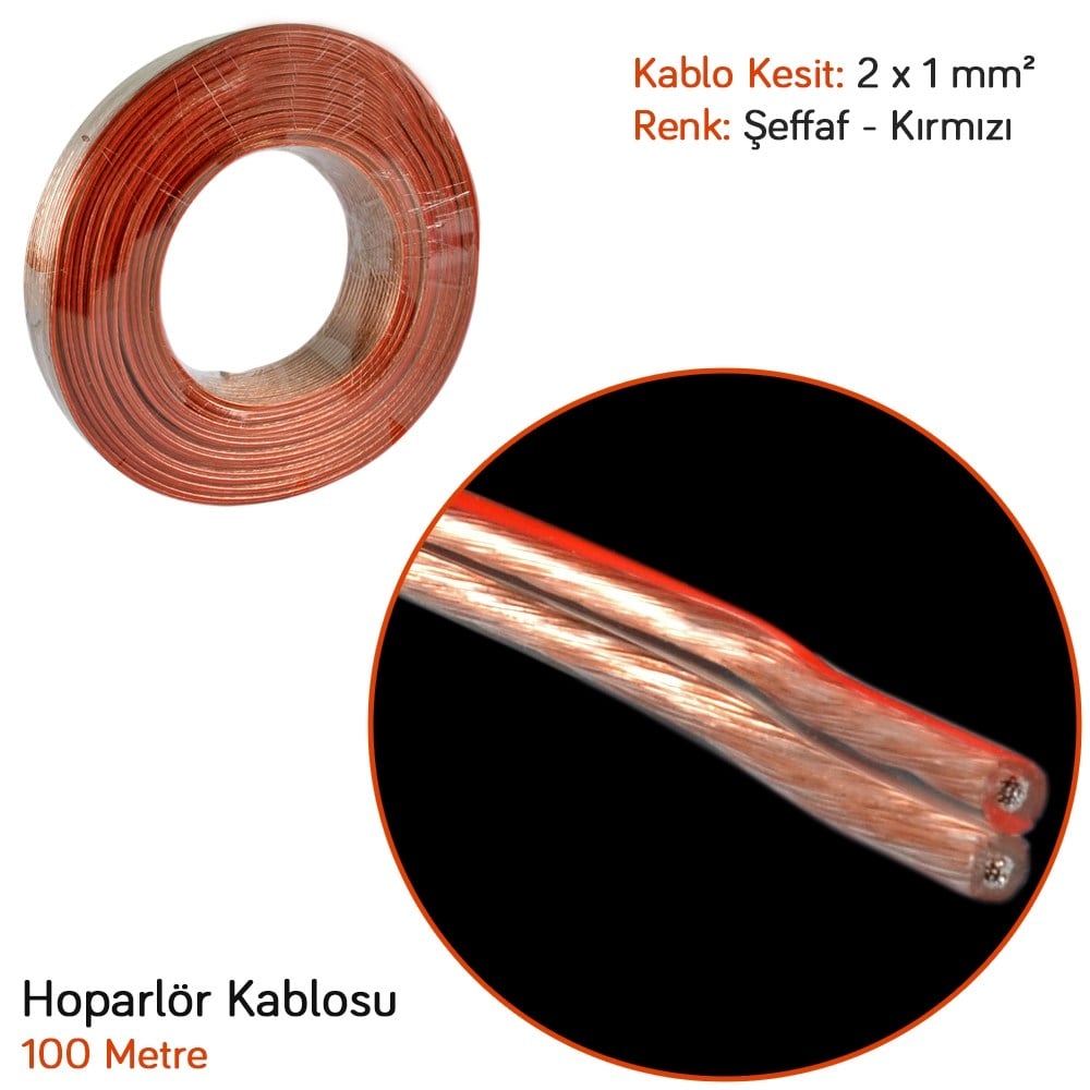 KGN Hoparlör Kablo 2x1 100 mt Bitişik Şeffaf-Kırmızı 1203012