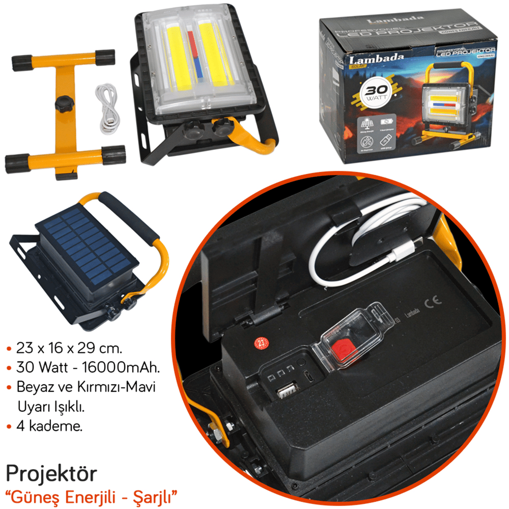 Lambada Projektör Güneş Enerjili Şarjlı COB Ledli 30W USB li Kırmızı-Mavi 23x16x29 cm BR4500203