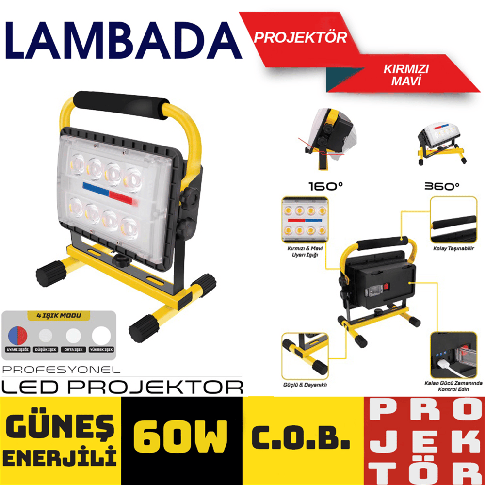 Lambada Projektör Güneş Enerjili Şarjlı COB Ledli 30W USB li Kırmızı-Mavi 23x16x29 cm BR4500203