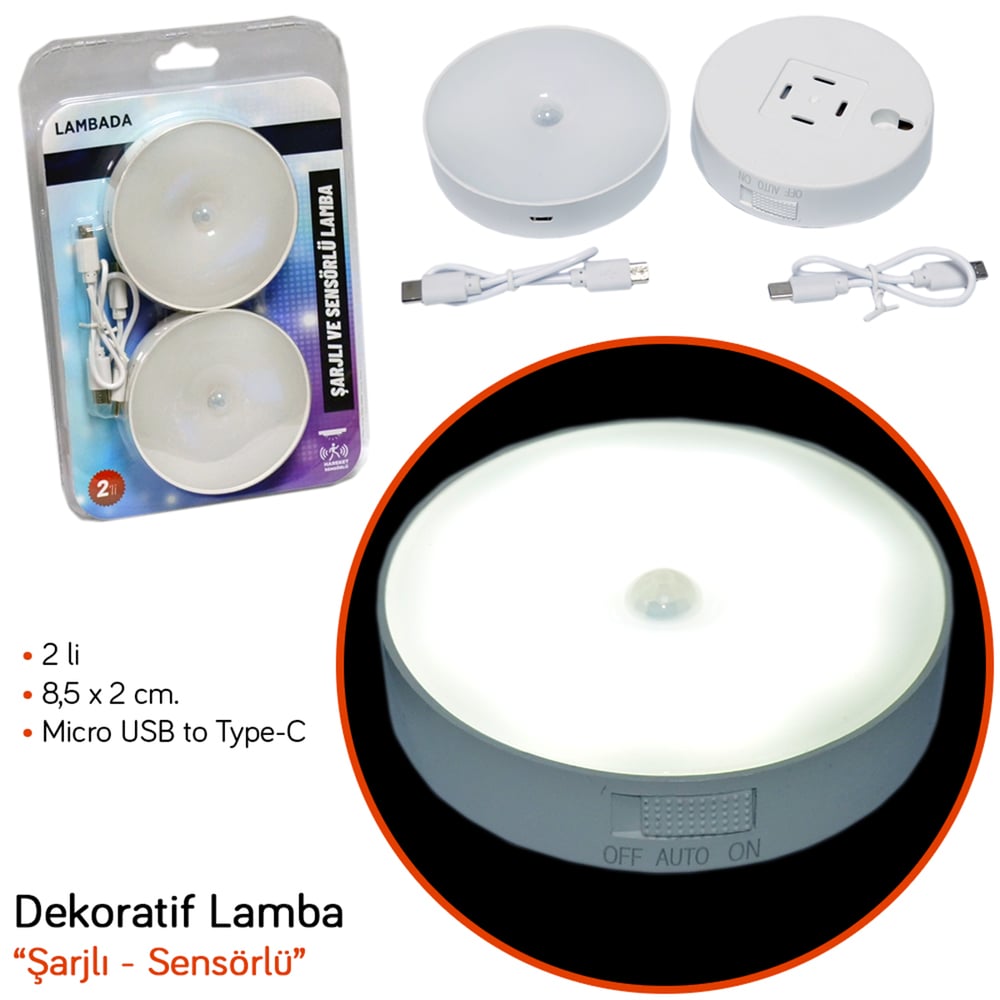 Lambada Şarjlı ve Sensörlü Lamba 2 li Set 8,5x2 cm BR4456150
