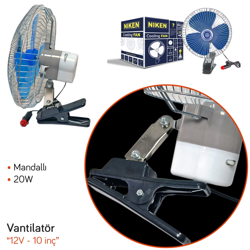 Niken Araç Vantilatörü 12V 10 inç 20W Mandallı