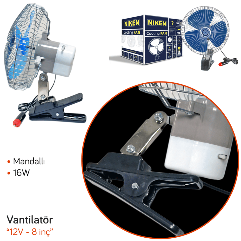 Niken Araç Vantilatörü 12V 8 inç 16W Mandallı