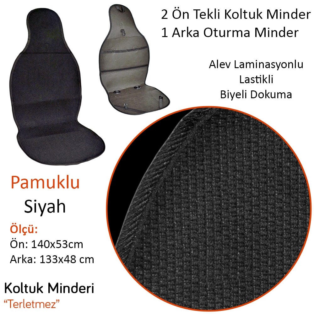 NYF 02 Terletmez Minder Pamuklu Siyah 3 lü Set (2 Ön Pilot + 1 Arka Oturma)