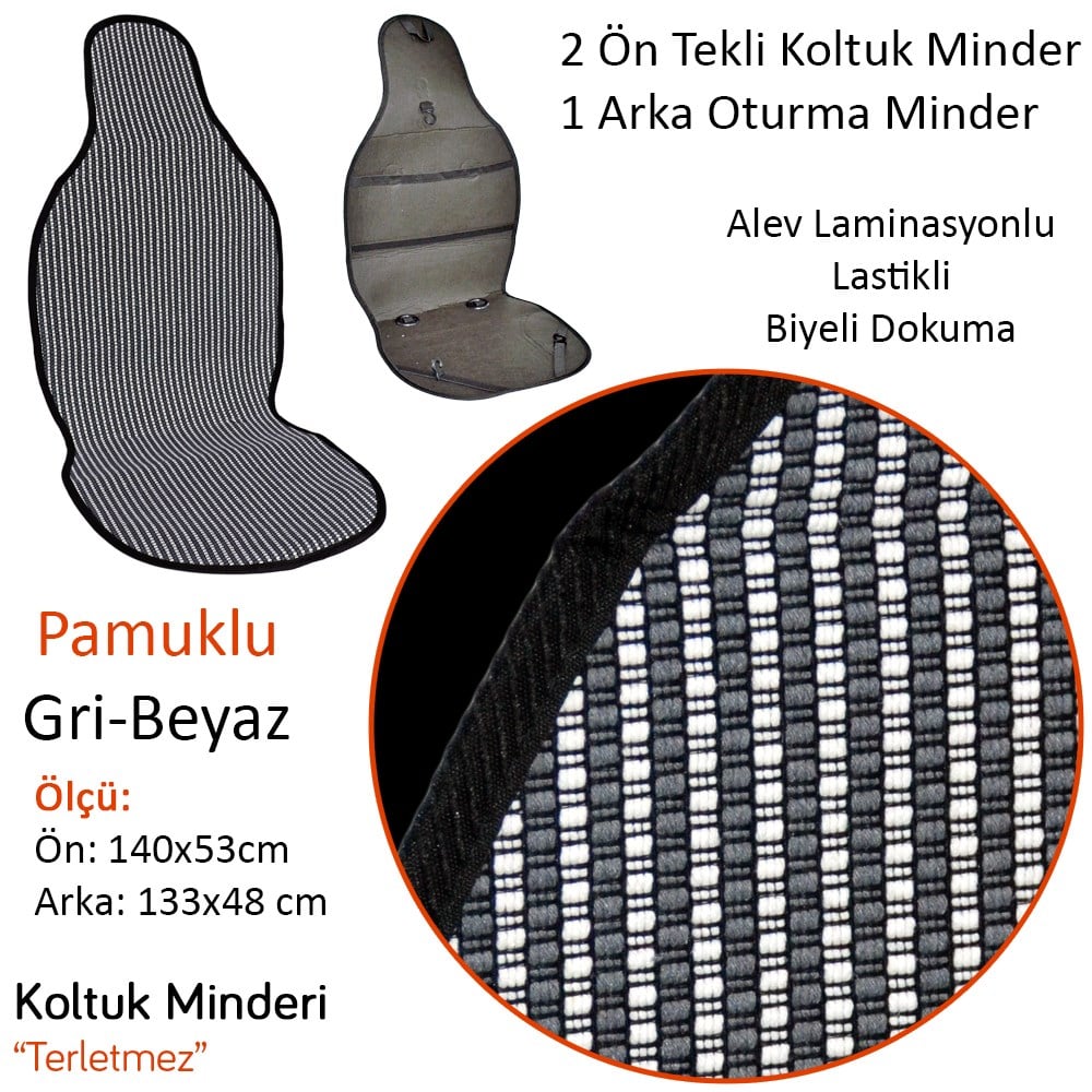 NYF 03 Terletmez Minder Pamuklu Gri-Beyaz 3 lü Set (2 Ön Pilot + 1 Arka Oturma)
