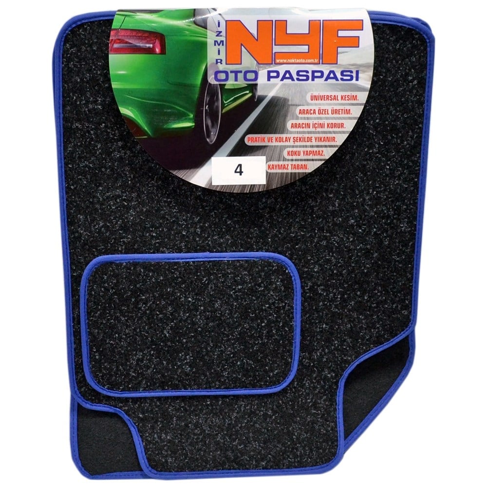 NYF 04 Velur Siyah Halı Paspas Kırçıllı (Biye Mavi) 5 Parça