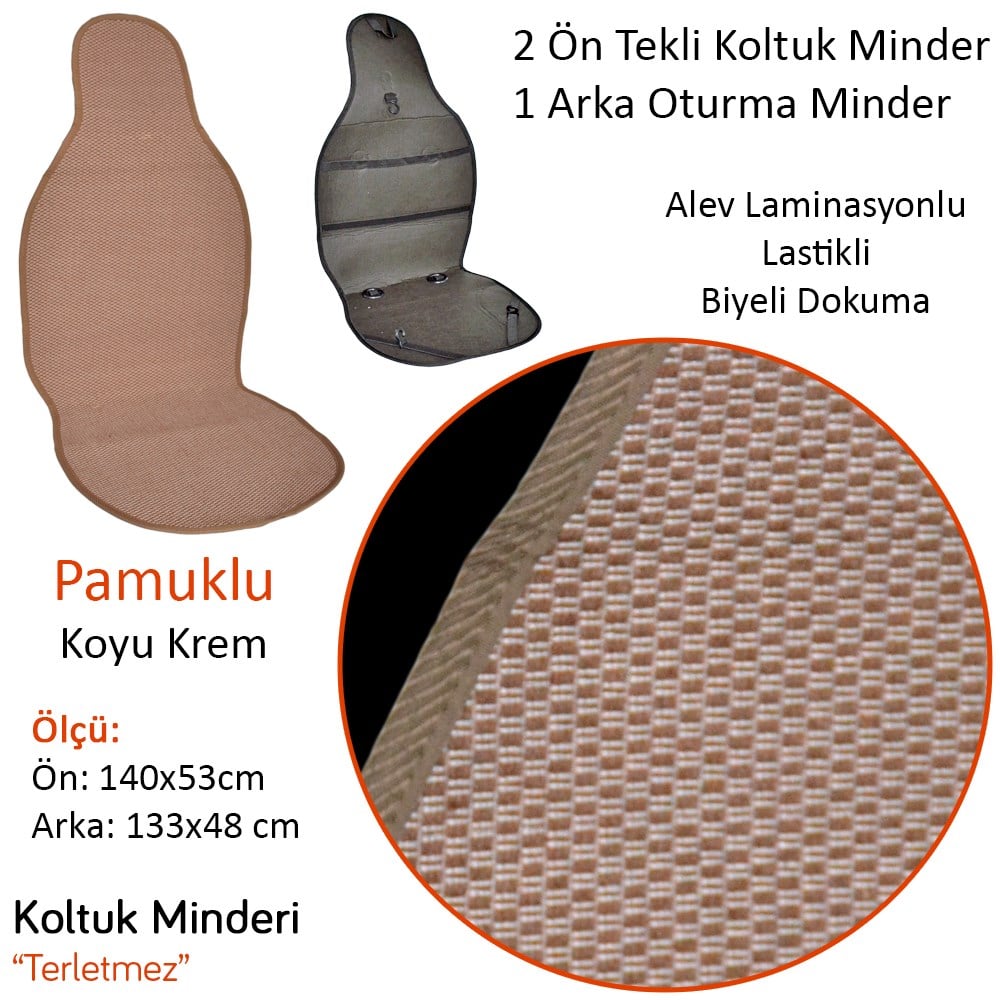 NYF 08 Terletmez Minder Pamuklu Koyu Krem 3 lü Set (2 Ön Pilot + 1 Arka Oturma)