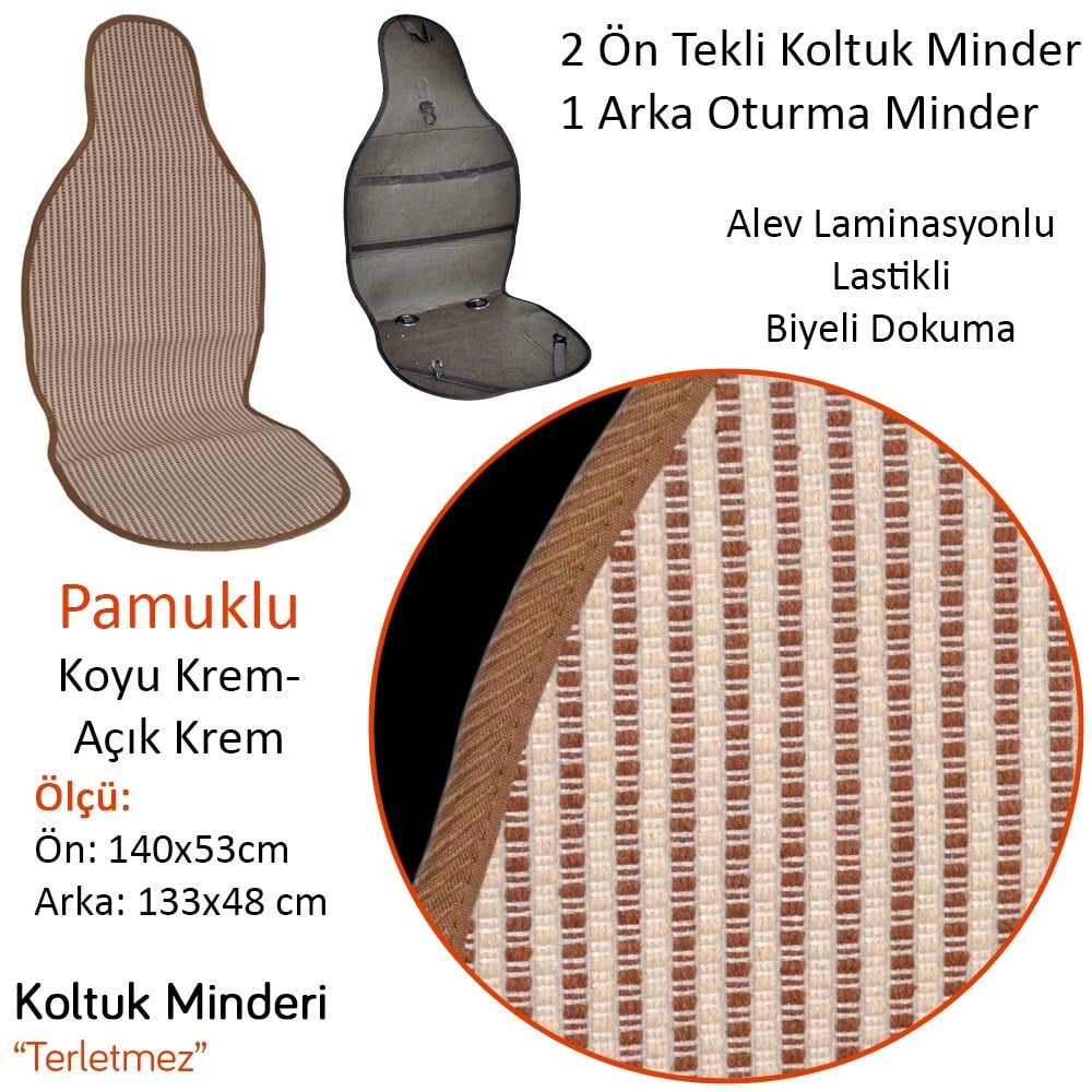NYF 09 Terletmez Minder Pamuklu Koyu Krem-Açık Krem 3 lü Set (2 Ön Pilot + 1 Arka Oturma)