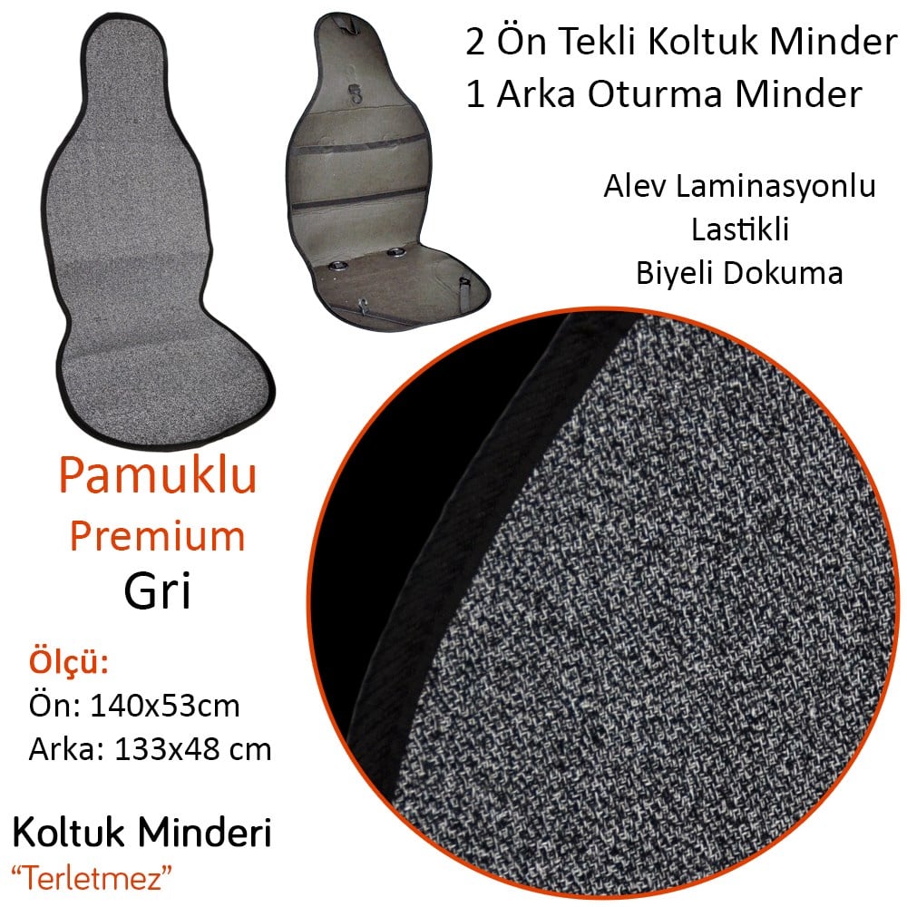 NYF 51 Terletmez Minder Premium Pamuklu Gri 3 lü Set (2 Ön Pilot + 1 Arka Oturma)