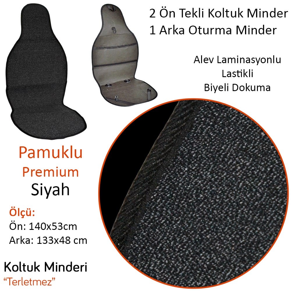 NYF 53 Terletmez Minder Premium Pamuklu Siyah 3 lü Set (2 Ön Pilot + 1 Arka Oturma)