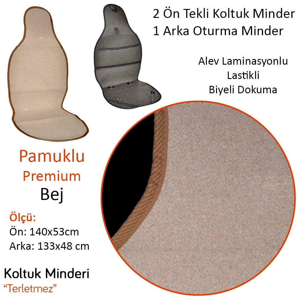 NYF 56 Terletmez Minder Premium Pamuklu Bej 3 lü Set (2 Ön Pilot + 1 Arka Oturma)