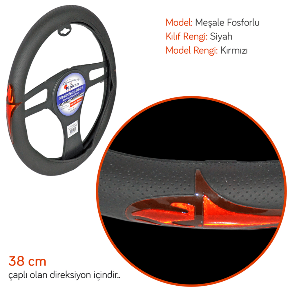 NYF A-12 Geçmeli Direksiyon Kılıfı Fosforlu Siyah (Meşale Kırmızı) 38 cm