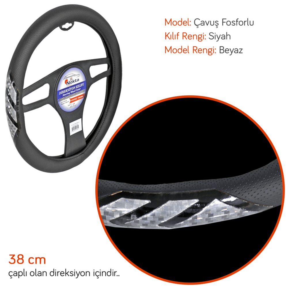NYF A-14 Geçmeli Direksiyon Kılıfı Fosforlu Siyah (Çavuş Beyaz) 38 cm
