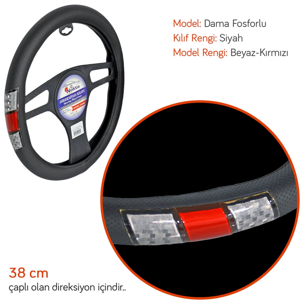 NYF A-18 Geçmeli Direksiyon Kılıfı Fosforlu Siyah (Dama Kırmızı-Beyaz) 38 cm
