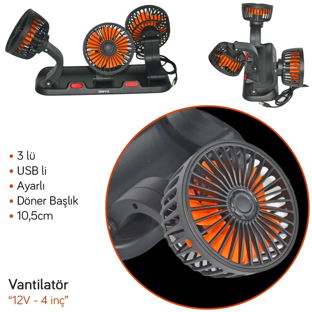 NYF Benmax Oto Vantilatör Üç Fanlı Döner Başlık USB Bağlantılı BX14 043