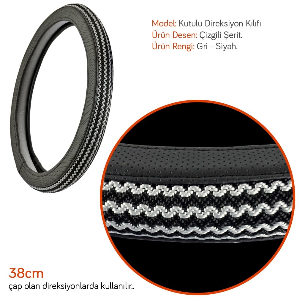 NYF F-328 Geçmeli Direksiyon Kılıfı Çizgili Gri-Siyah Şerit 38 cm
