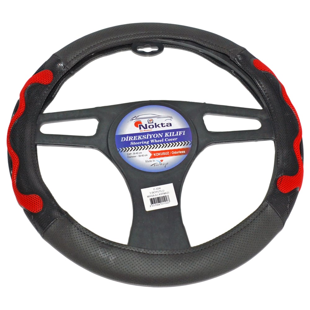 NYF F-434 Geçmeli Direksiyon Kılıfı 3 Boyutlu Masajlı Kırmızı Suni Deri 38 cm