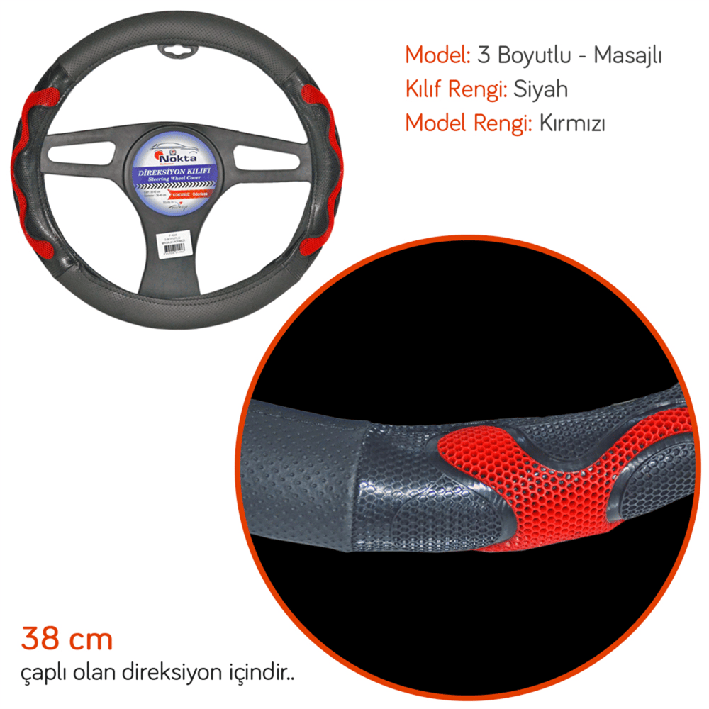 NYF F-434 Geçmeli Direksiyon Kılıfı 3 Boyutlu Masajlı Kırmızı Suni Deri 38 cm