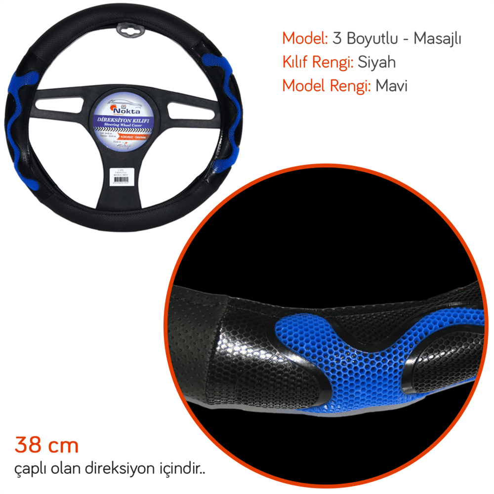 NYF F-435 Geçmeli Direksiyon Kılıfı 3 Boyutlu Masajlı Mavi Suni Deri 38 cm