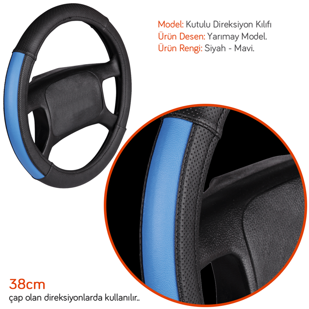 NYF F-47 Geçmeli Direksiyon Kılıfı Yarımay Siyah-Mavi 38 cm