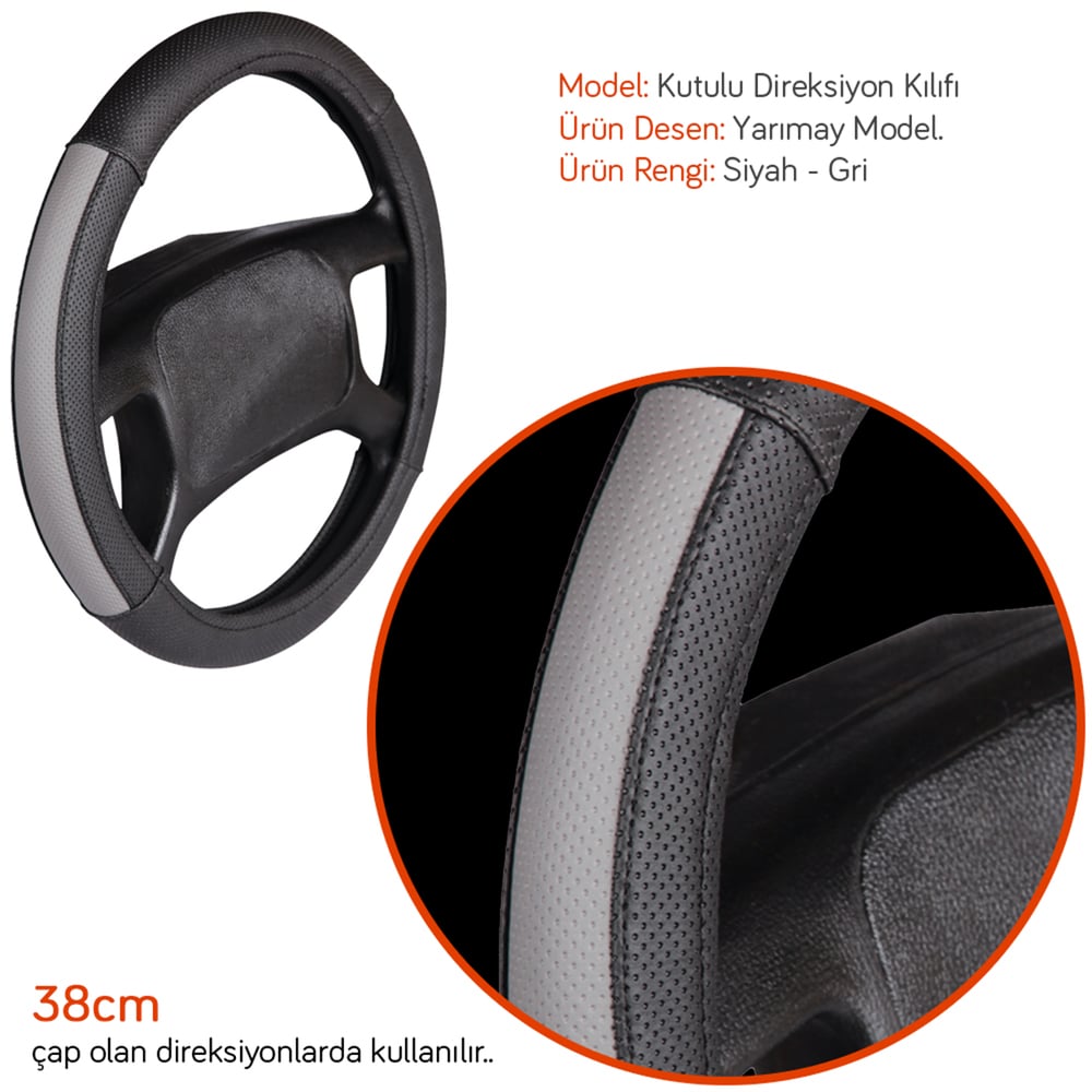 NYF F-48 Geçmeli Direksiyon Kılıfı Yarımay Siyah-Gri 38 cm