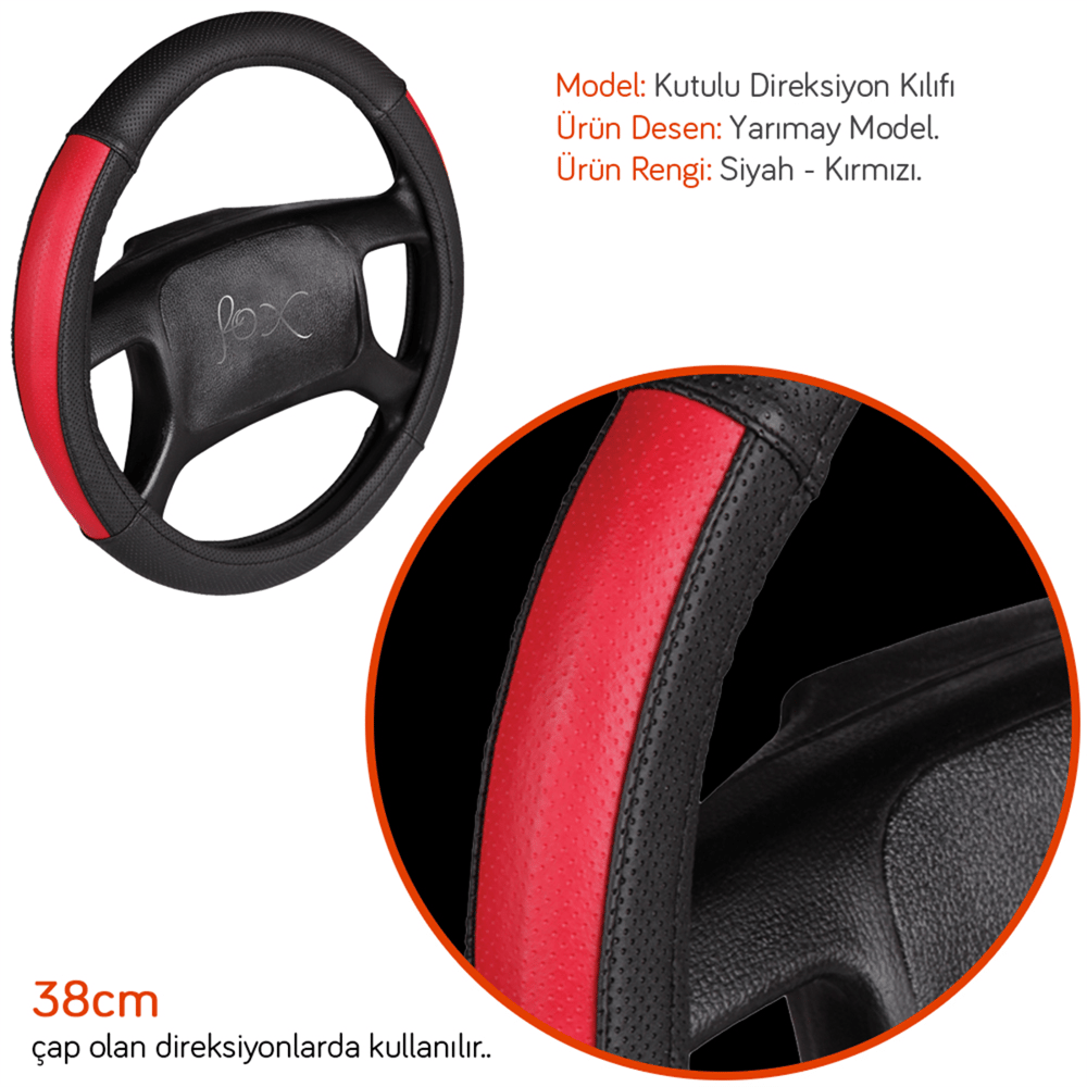 NYF F-49 Geçmeli Direksiyon Kılıfı Yarımay Siyah-Kırmızı 38 cm