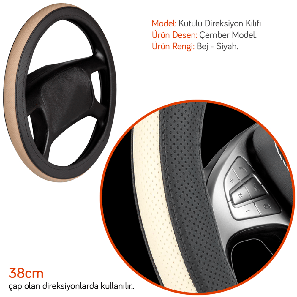 NYF F-57 Geçmeli Direksiyon Kılıfı Çember Bej-Siyah 38 cm