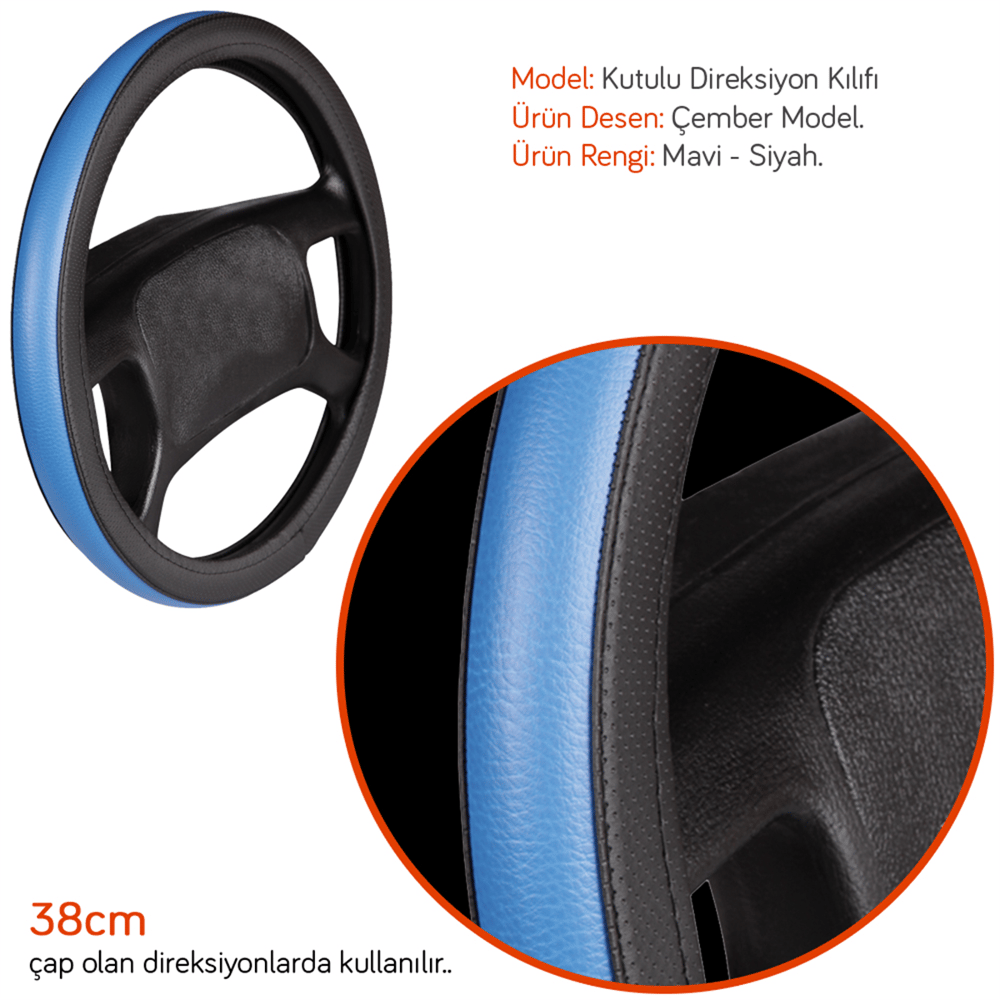 NYF F-58 Geçmeli Direksiyon Kılıfı Çember Mavi-Siyah 38 cm
