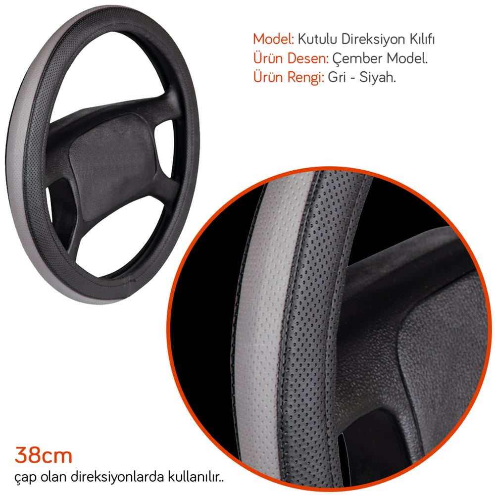 NYF F-68 Geçmeli Direksiyon Kılıfı Çember Gri-Siyah 38 cm