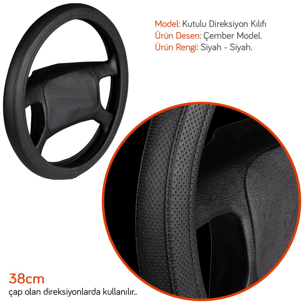 NYF F-69 Geçmeli Direksiyon Kılıfı Çember Siyah-Siyah 38 cm