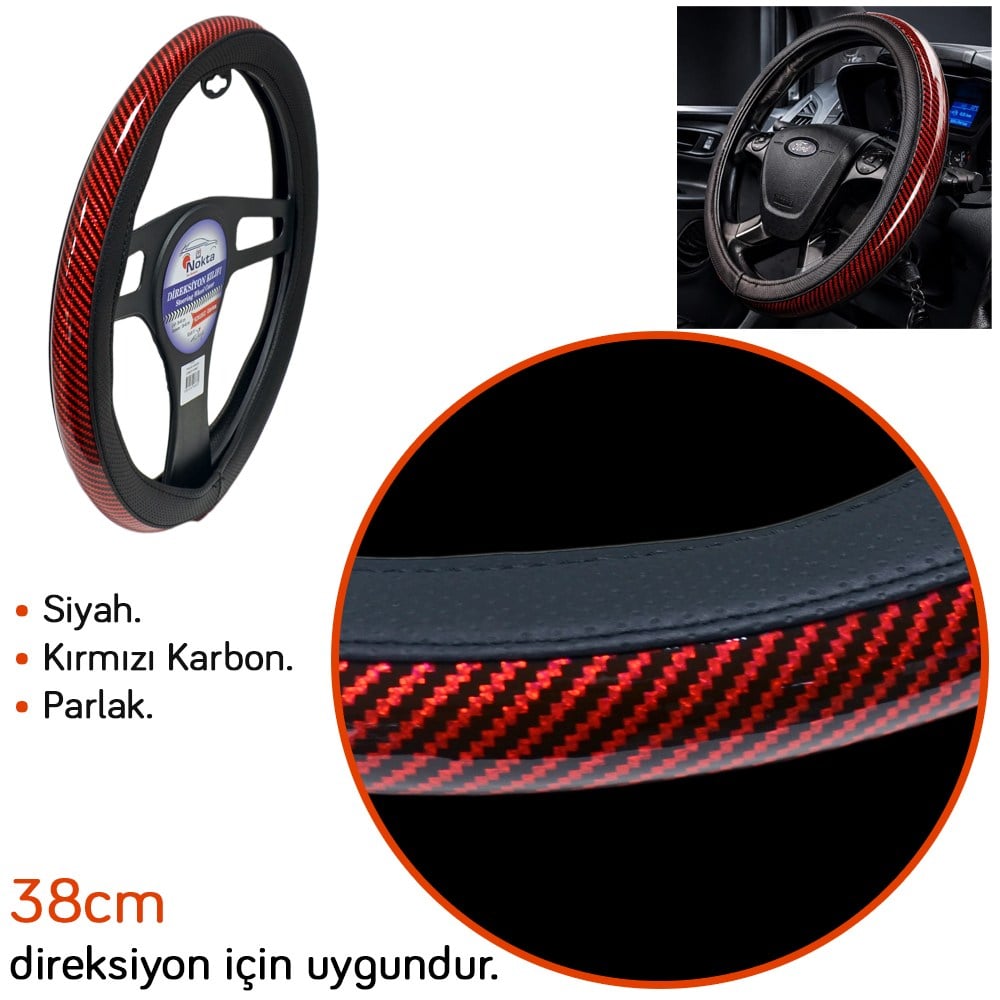 NYF FX-001 Geçmeli Direksiyon Kılıfı Çember Parlak Karbon Kırmızı 38 cm