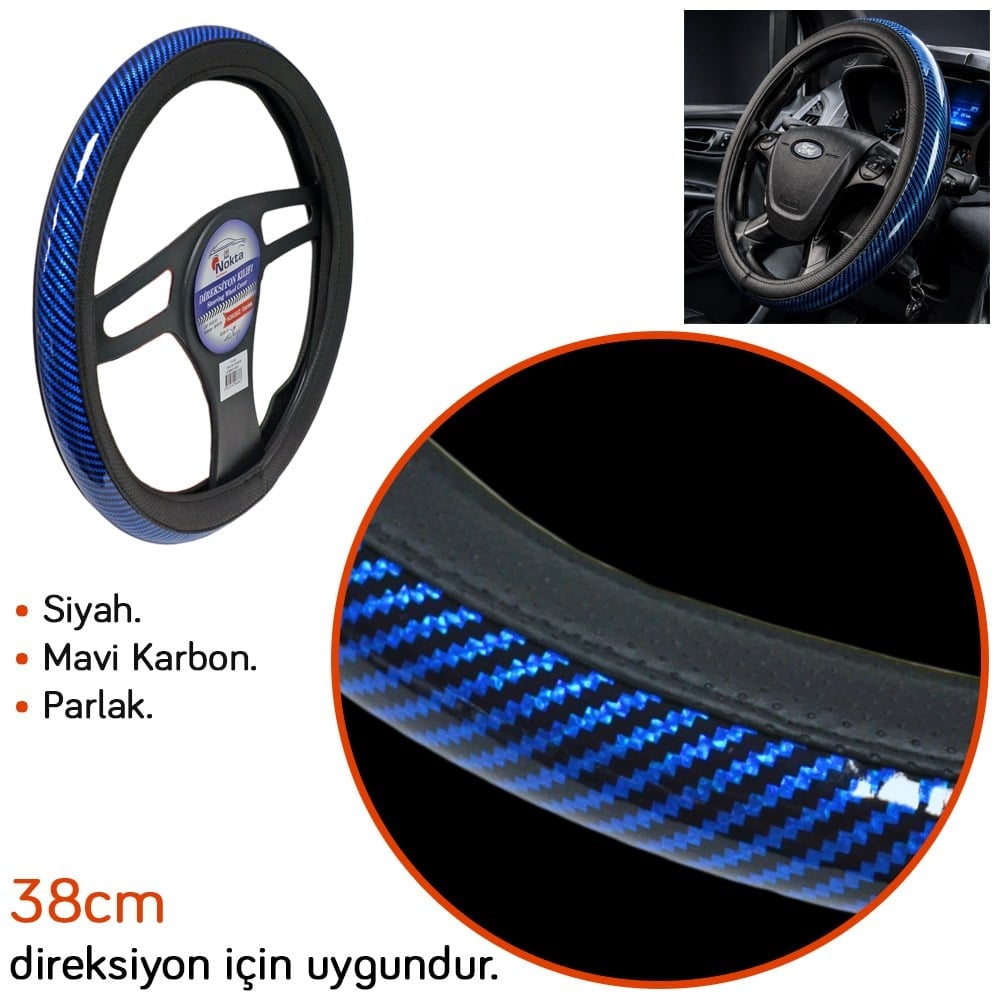 NYF FX-002 Geçmeli Direksiyon Kılıfı Çember Parlak Karbon Mavi 38 cm