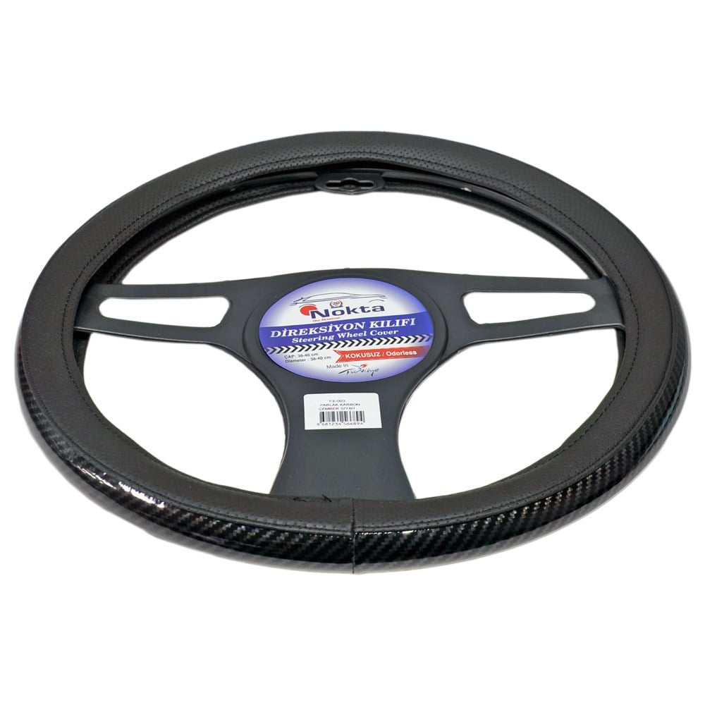 NYF FX-003 Geçmeli Direksiyon Kılıfı Çember Parlak Karbon Siyah 38 cm