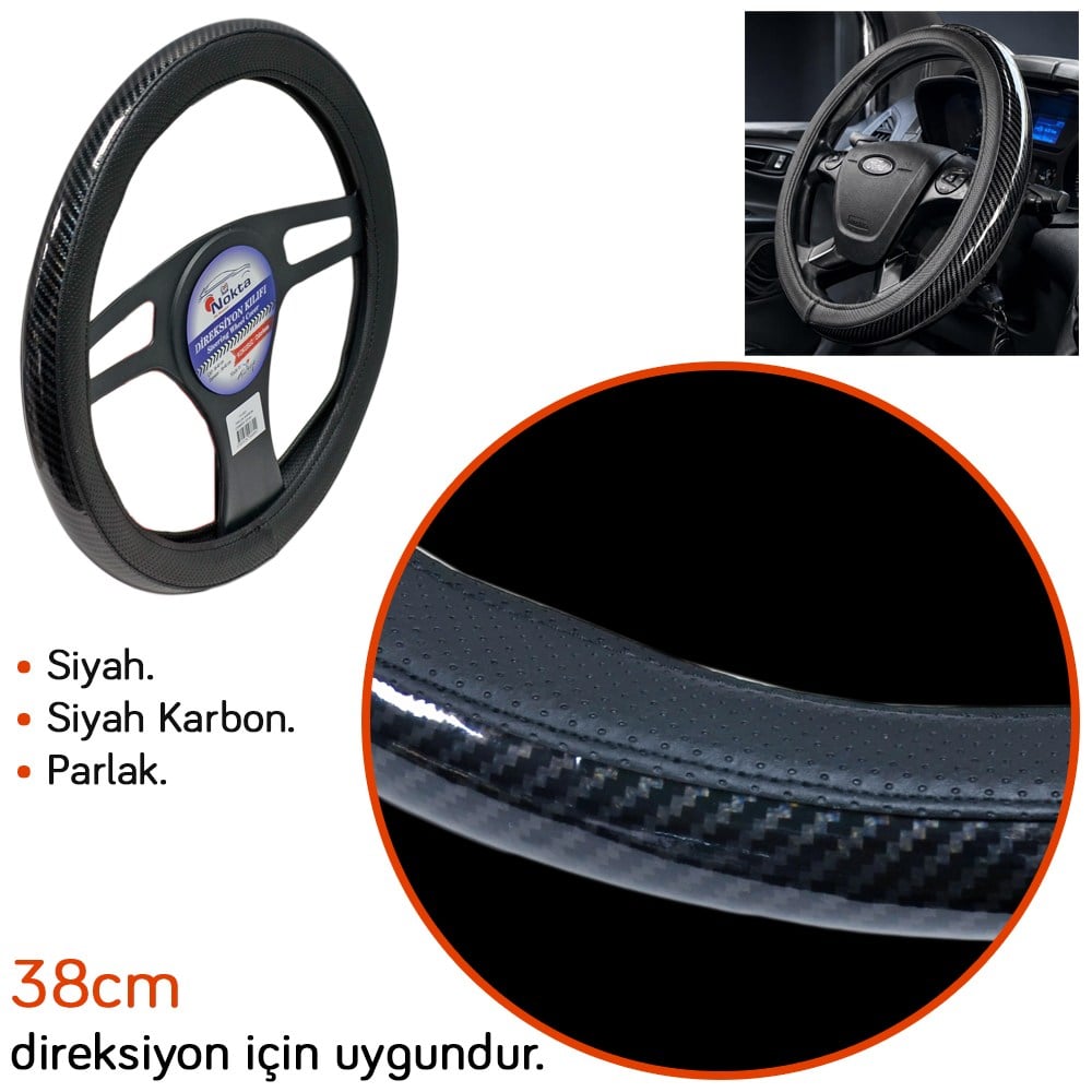 NYF FX-003 Geçmeli Direksiyon Kılıfı Çember Parlak Karbon Siyah 38 cm