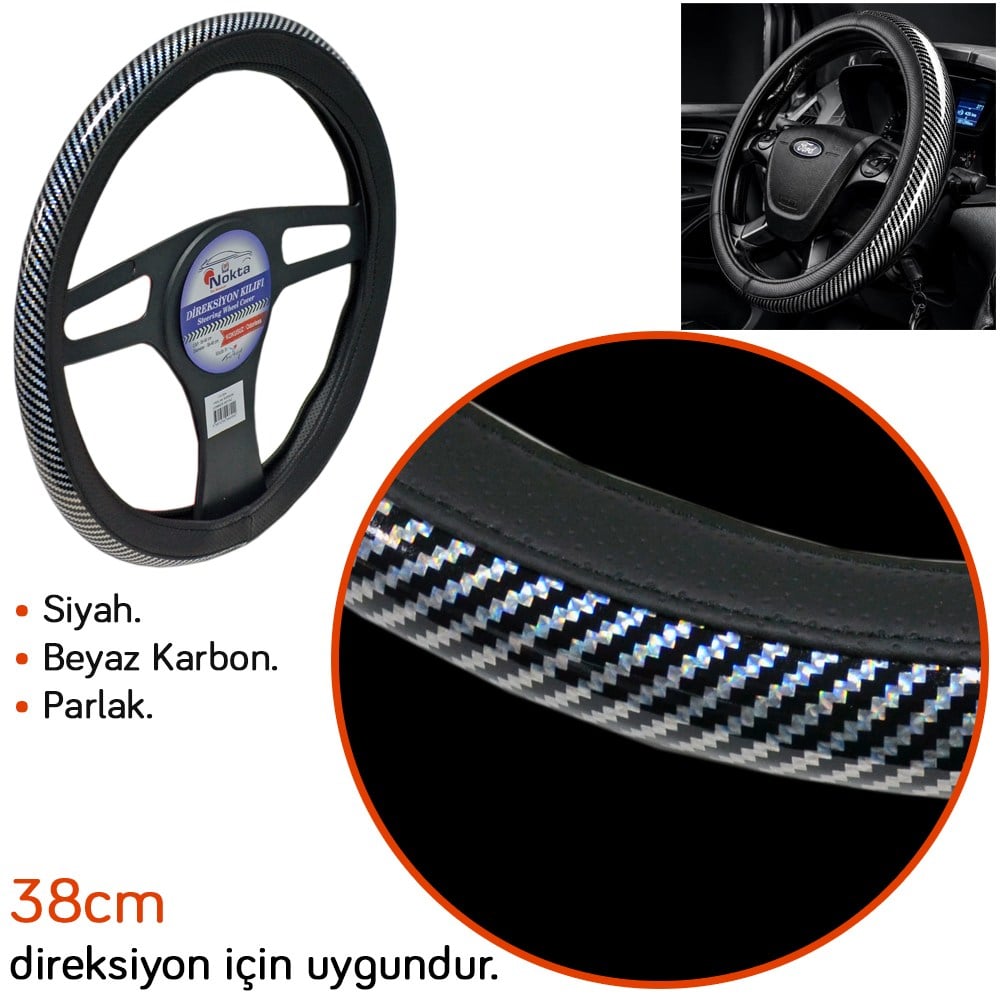 NYF FX-004 Geçmeli Direksiyon Kılıfı Çember Parlak Karbon Beyaz 38 cm