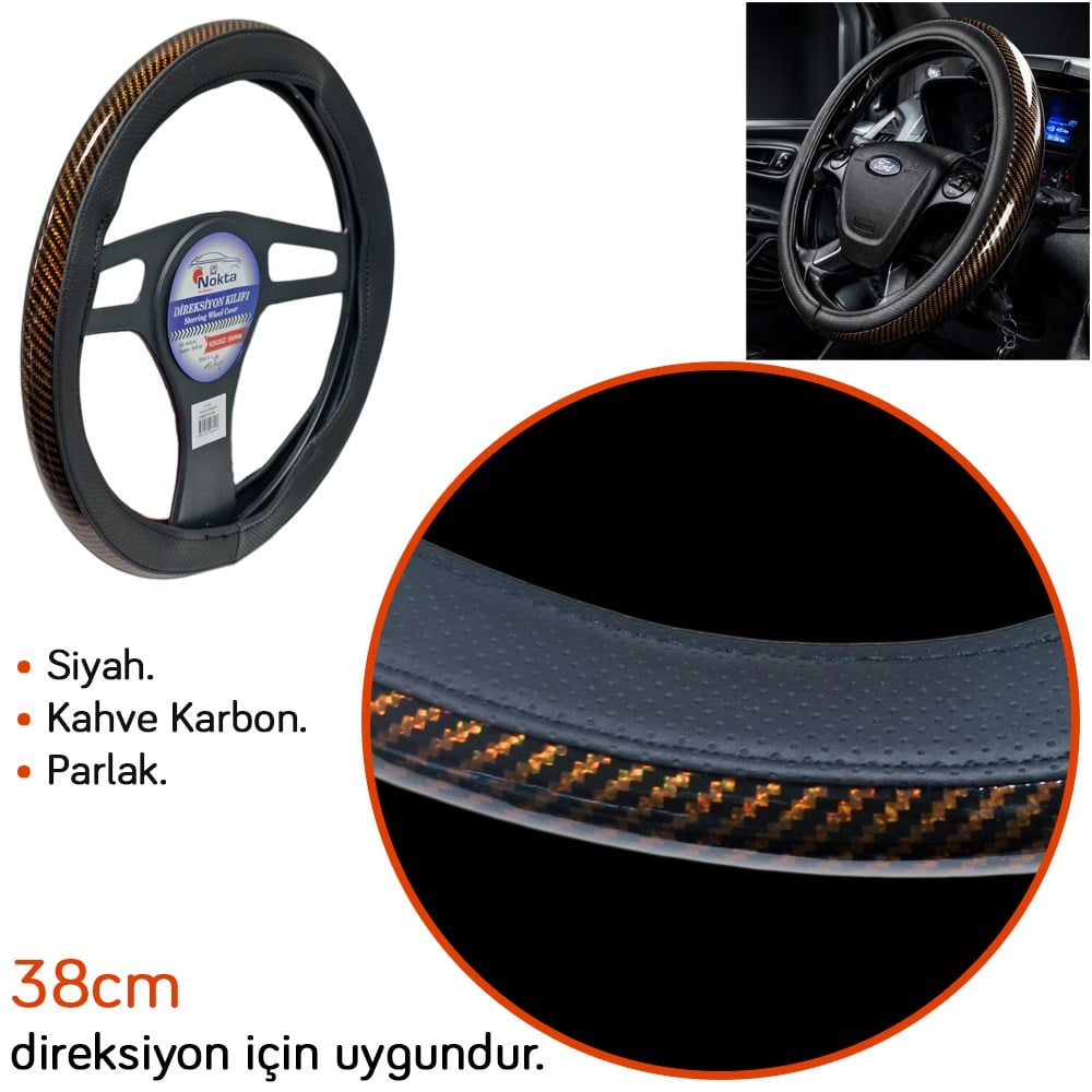 NYF FX-005 Geçmeli Direksiyon Kılıfı Çember Parlak Karbon Kahve 38 cm