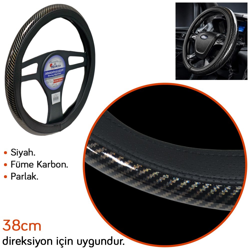 NYF FX-006 Geçmeli Direksiyon Kılıfı Çember Parlak Karbon Füme 38 cm
