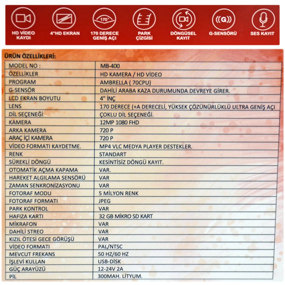NYF MB-400 Wevolt DVR Kayıt Cihazı Araç İçi 4 inç Ekranlı Üç Kameralı (32 GB Destekli)
