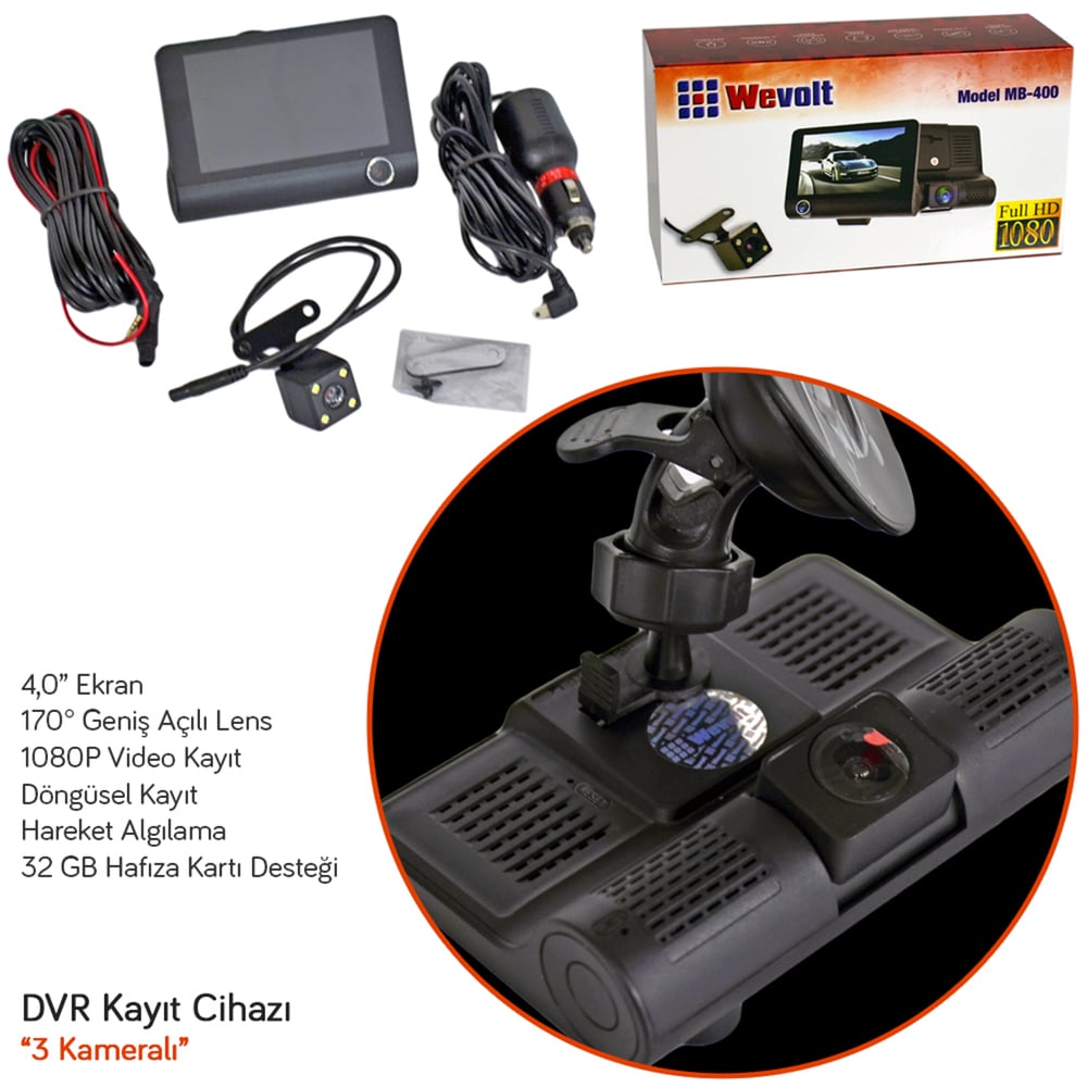 NYF MB-400 Wevolt DVR Kayıt Cihazı Araç İçi 4 inç Ekranlı Üç Kameralı (32 GB Destekli)