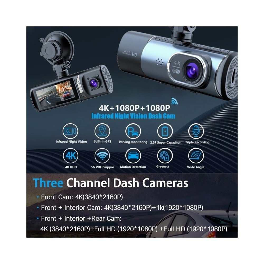 NYF MB-470 Wevolt DVR Kayıt Cihazı Araç İçi 3 inç 4K GPS+Wifi Üç Kameralı (128 GB Destekli)