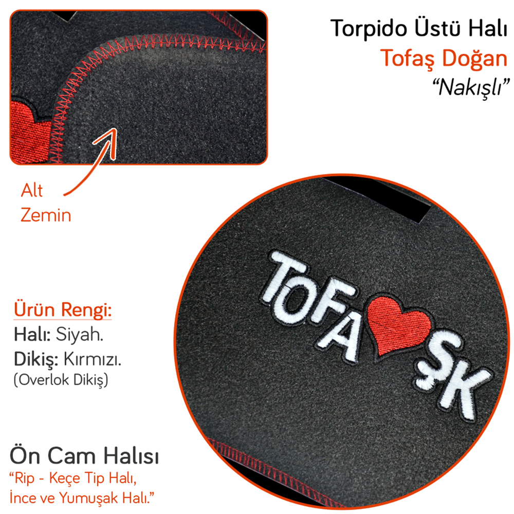 NYF Tofaş Doğan-Şahin (Alçak Torpido) Nakışlı Ön Cam Halısı Kırmızı Dikişli