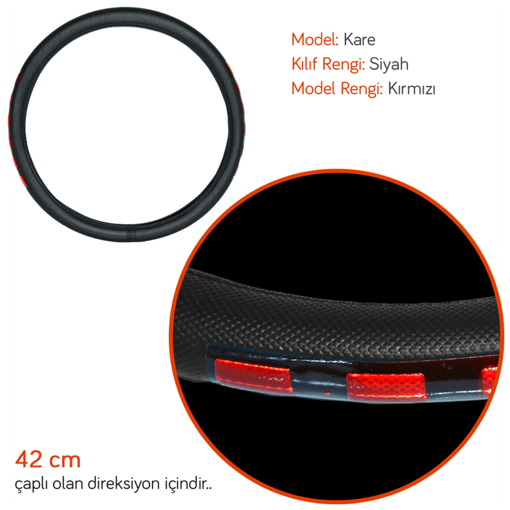 Pmx Geçmeli Direksiyon Kılıfı Fosforlu Siyah (Kırmızı) 42 cm TEQ-005BK/RD
