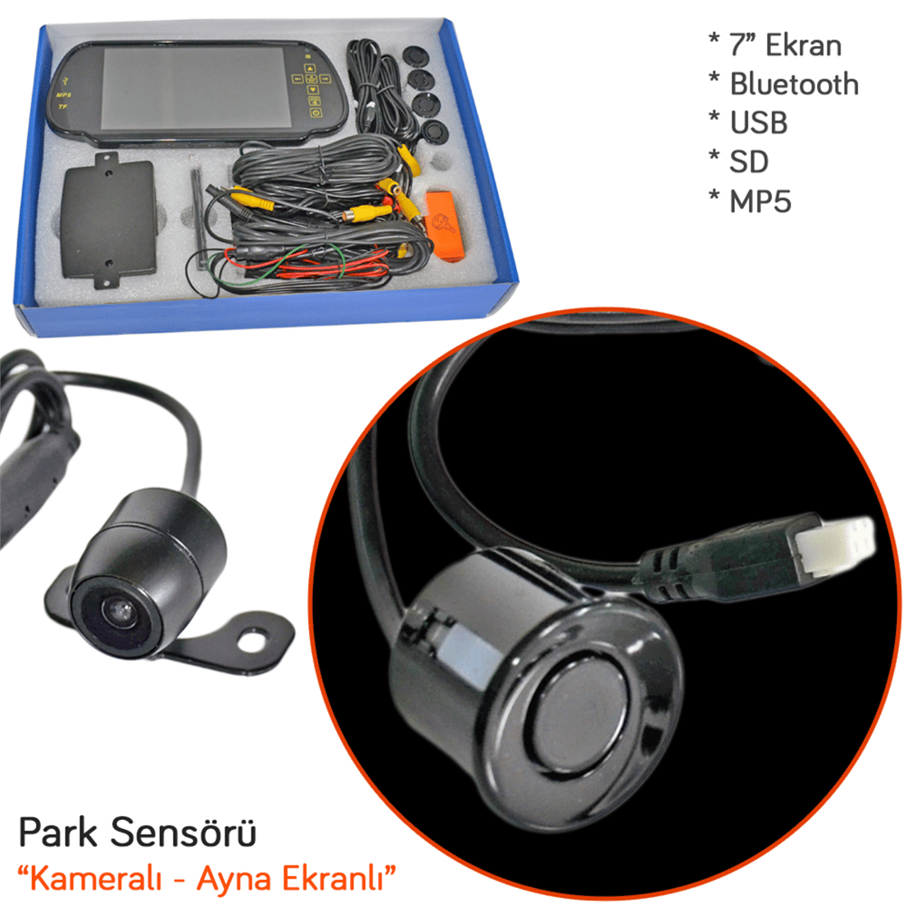 PMX Park Sensörü Kameralı Ayna Ekranlı 4 lü (7 inç+Bluetooth+Usb+MP5+SD+22mm) PMX3000