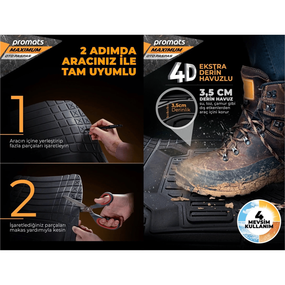 Promats Maximum 4D Gri Üniversal Havuzlu Paspas 5 Parça