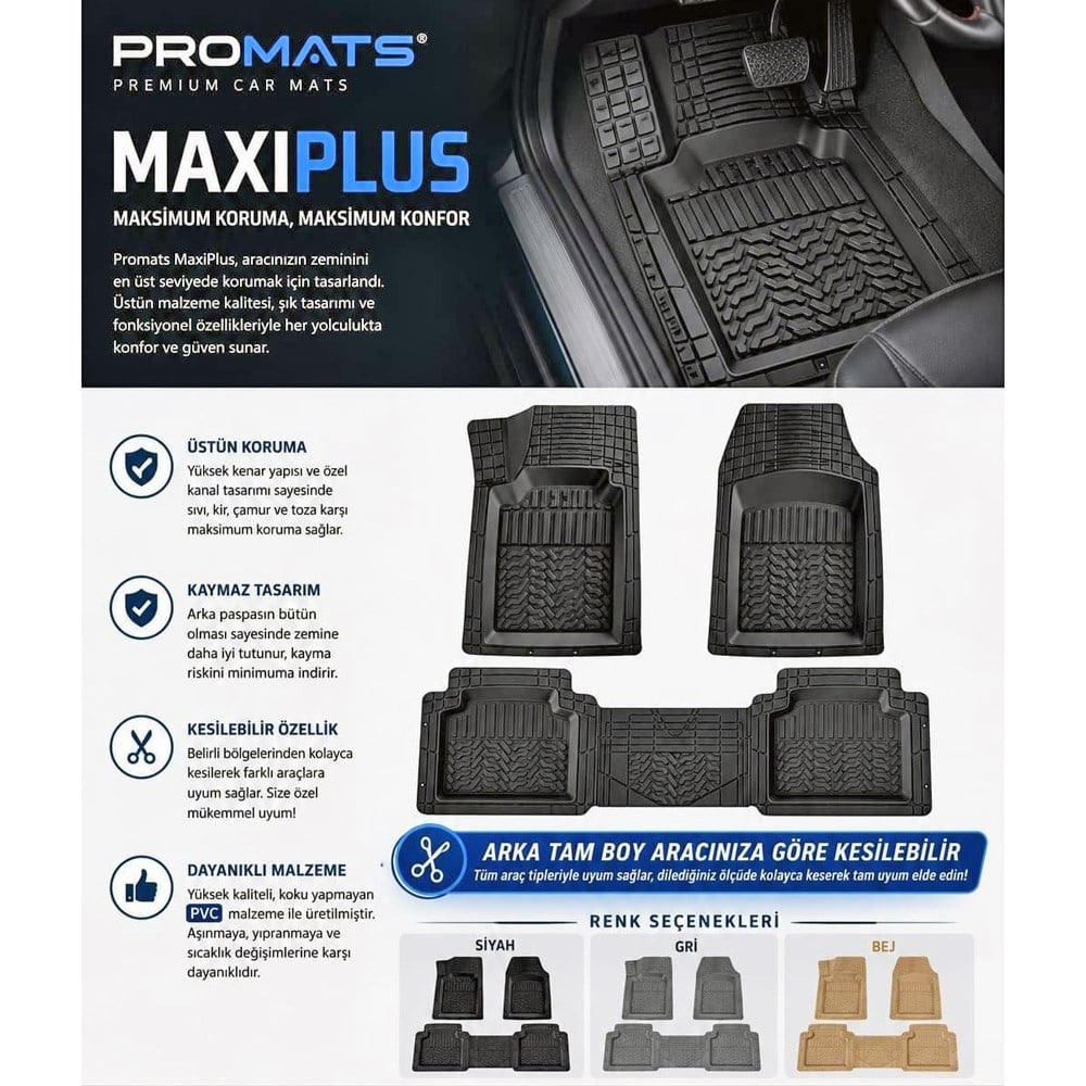 Promats MaxiPlus 3D Gri Üniversal Havuzlu Paspas (Arka Bütün)