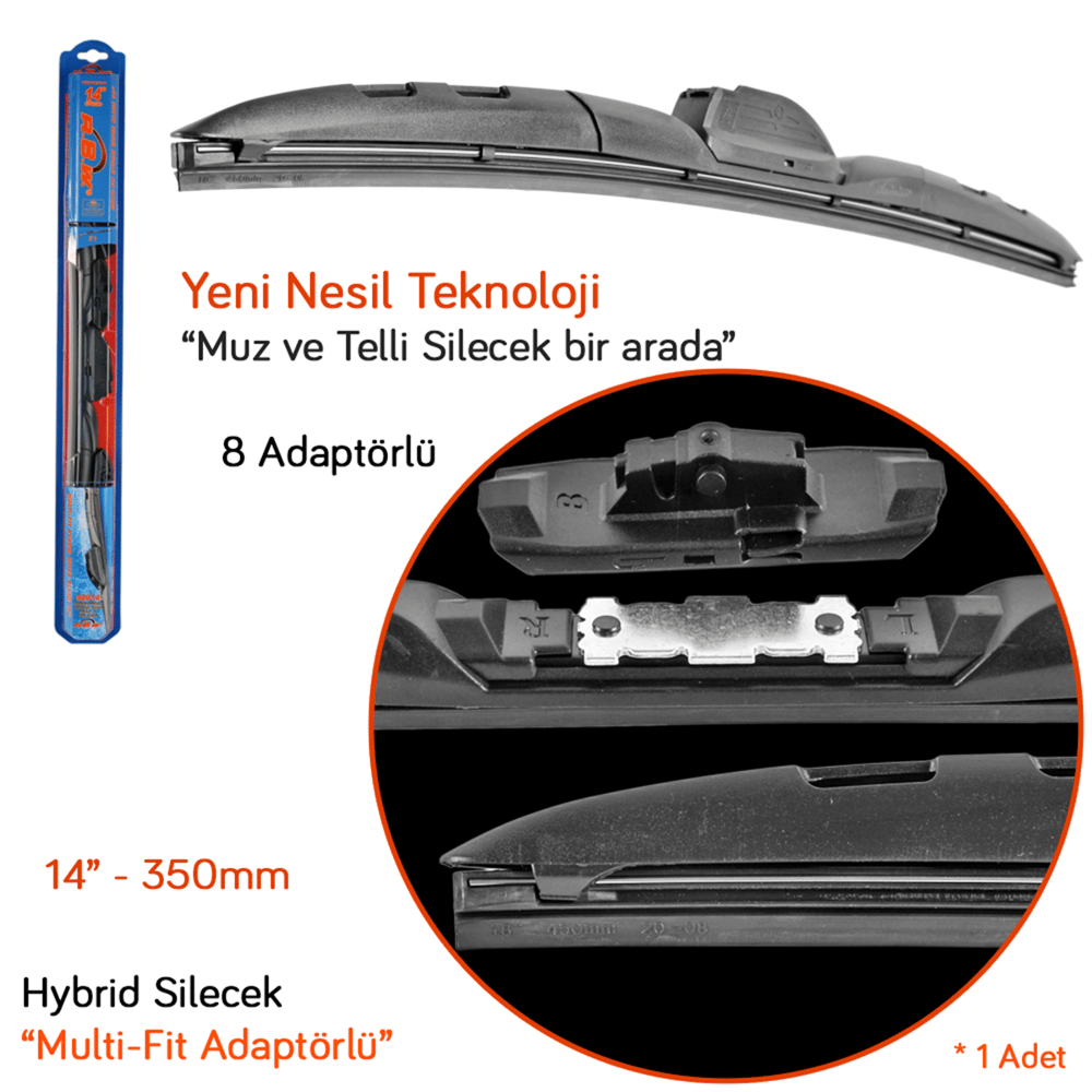 RBW 92814 Hybrid Multi-Fit 8 Adaptörlü 14 inç / 350 mm Silecek